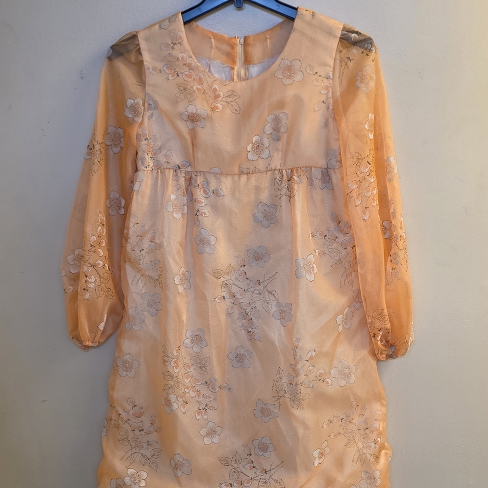 Vintage Homemade Peach Floral Long Gown 1970's Prom Wedding